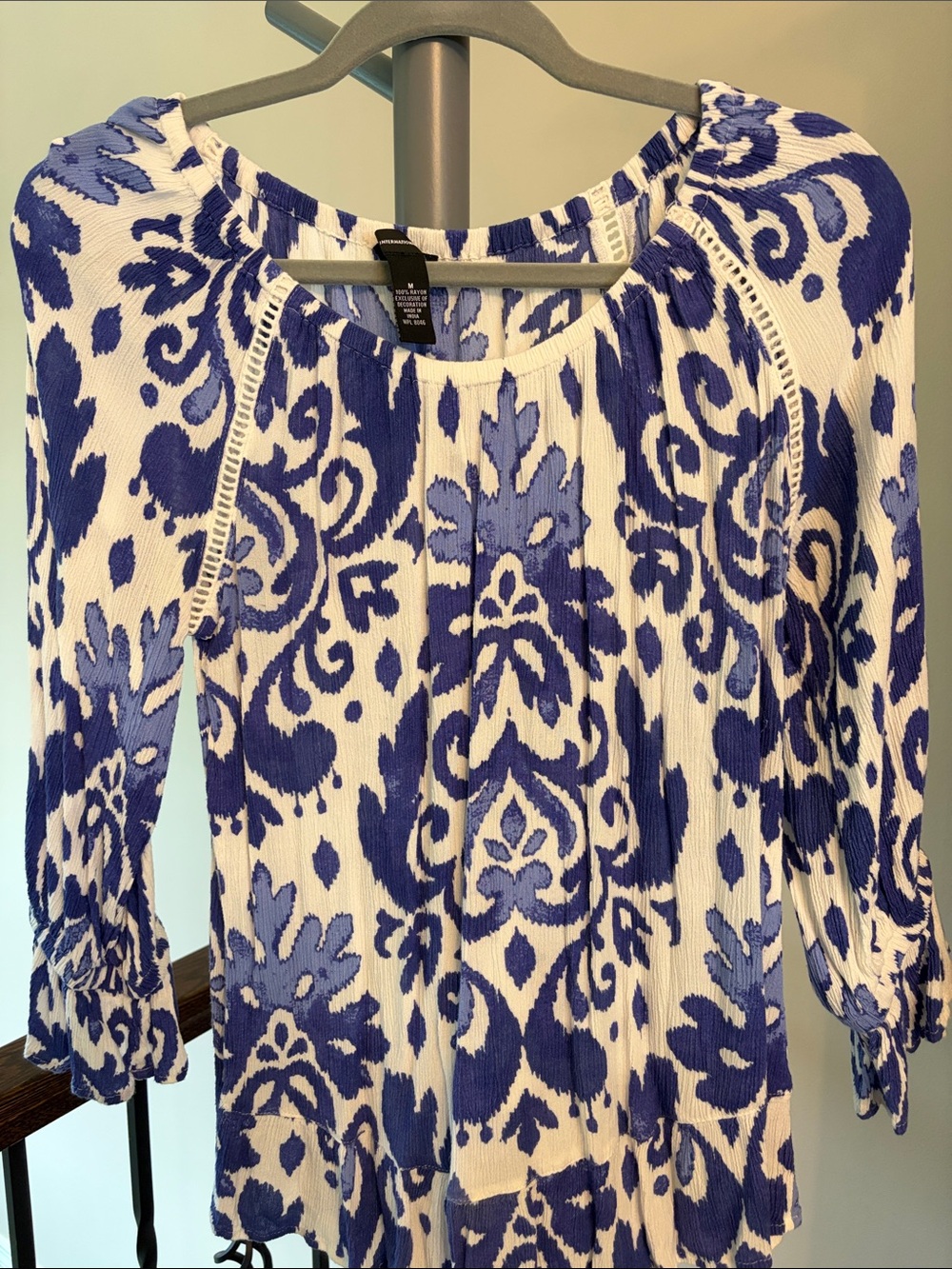 INC International Concepts White and Blue Floral-Print Tunic
